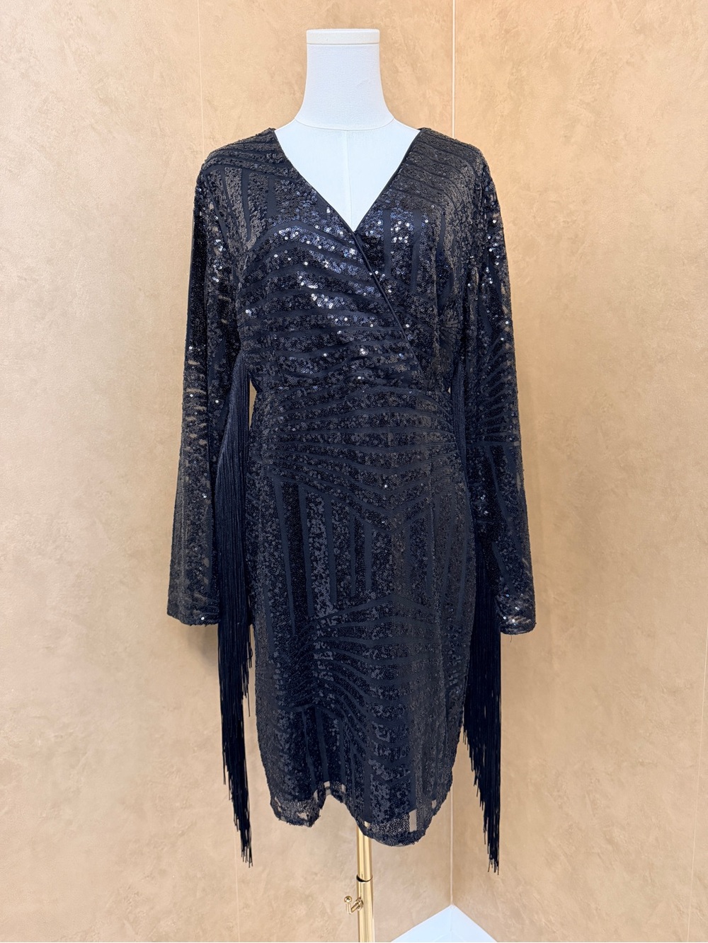 New York & Company Black Sequin Fringe Long Sleeve Dress
